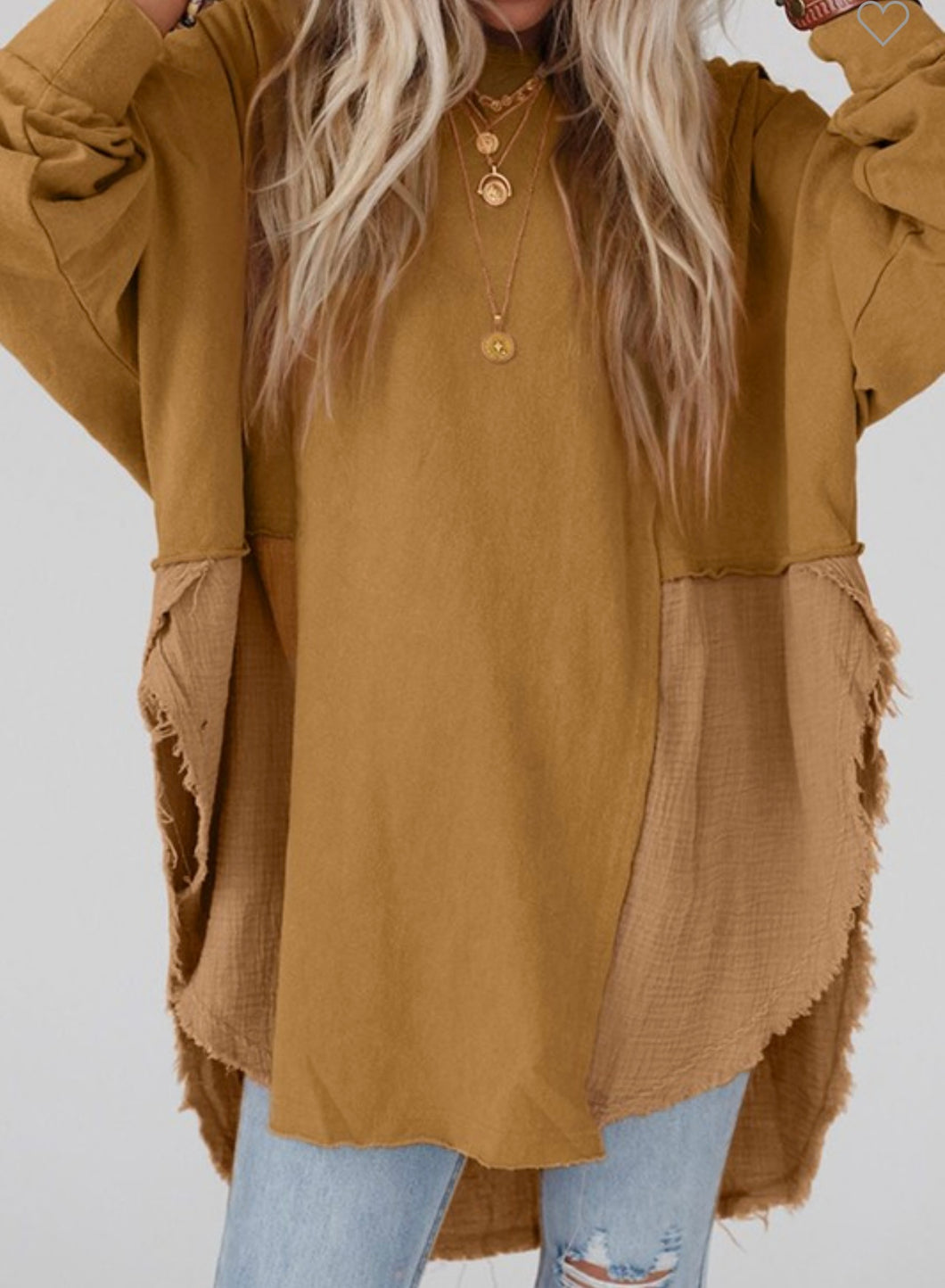 Brown Crinkle Splicing Raw Hem High Low Oversized Blouse