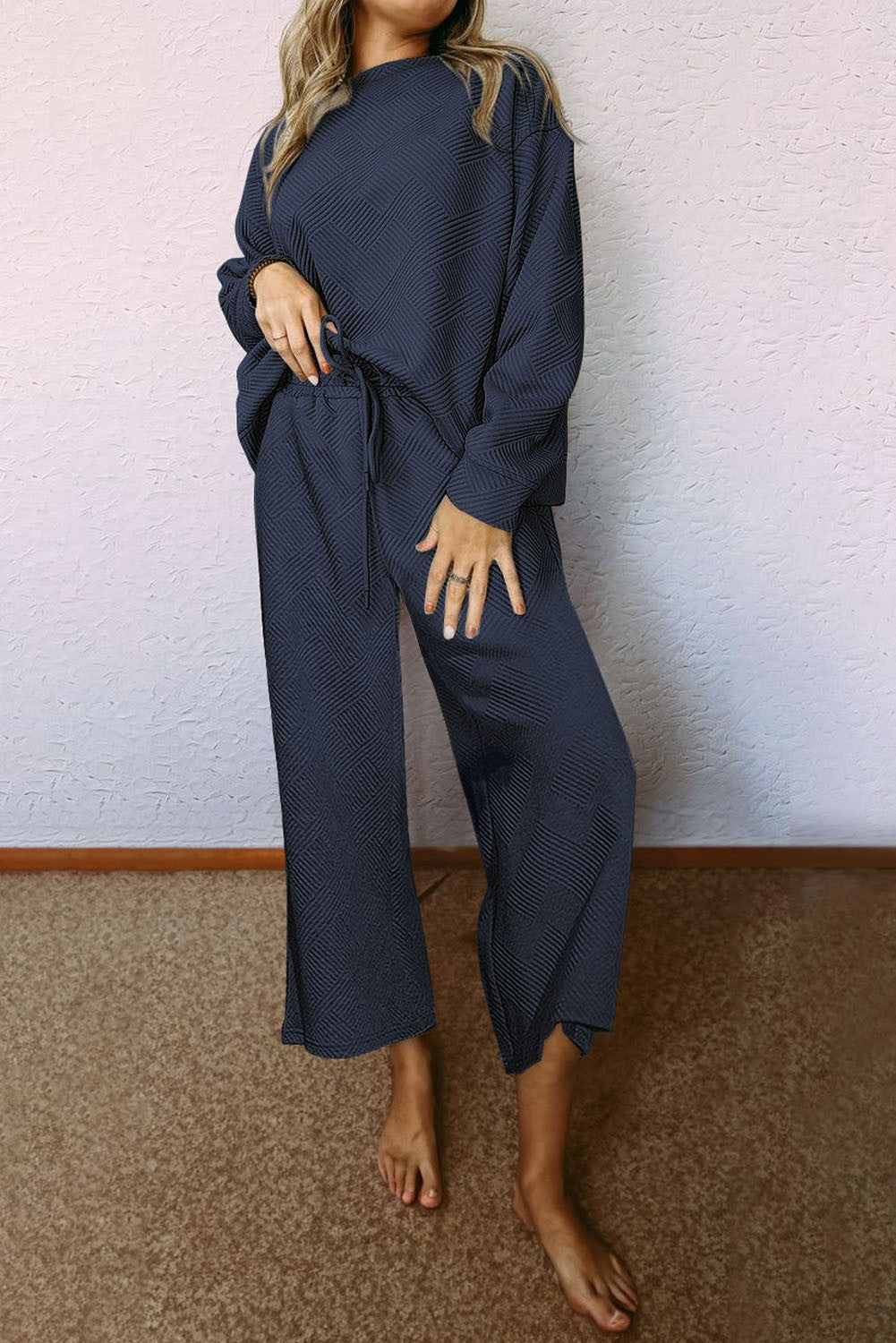 Navy Textured Pant Set