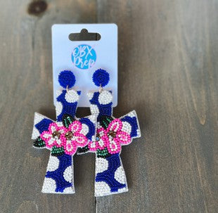 Polka Dot Easter Cross with Flowers Dangle Earrings
