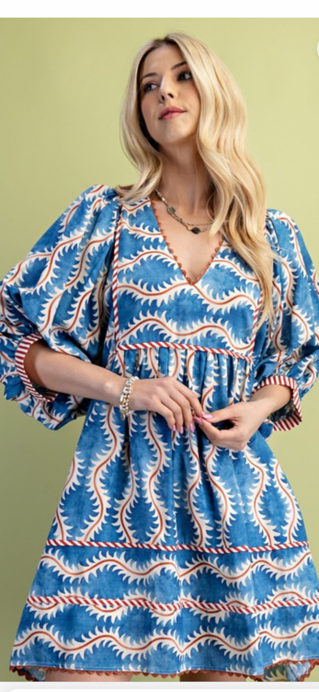 Blue printed v-neck mini dress