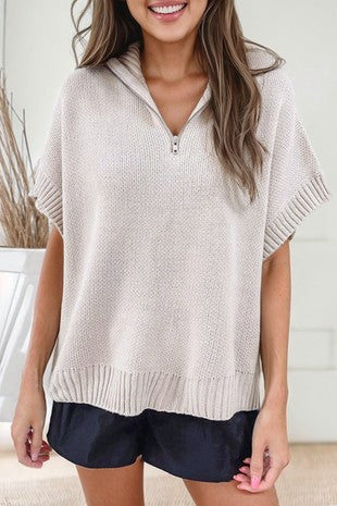Grey Quarter Zip Short Batwing Sleeve Sweater