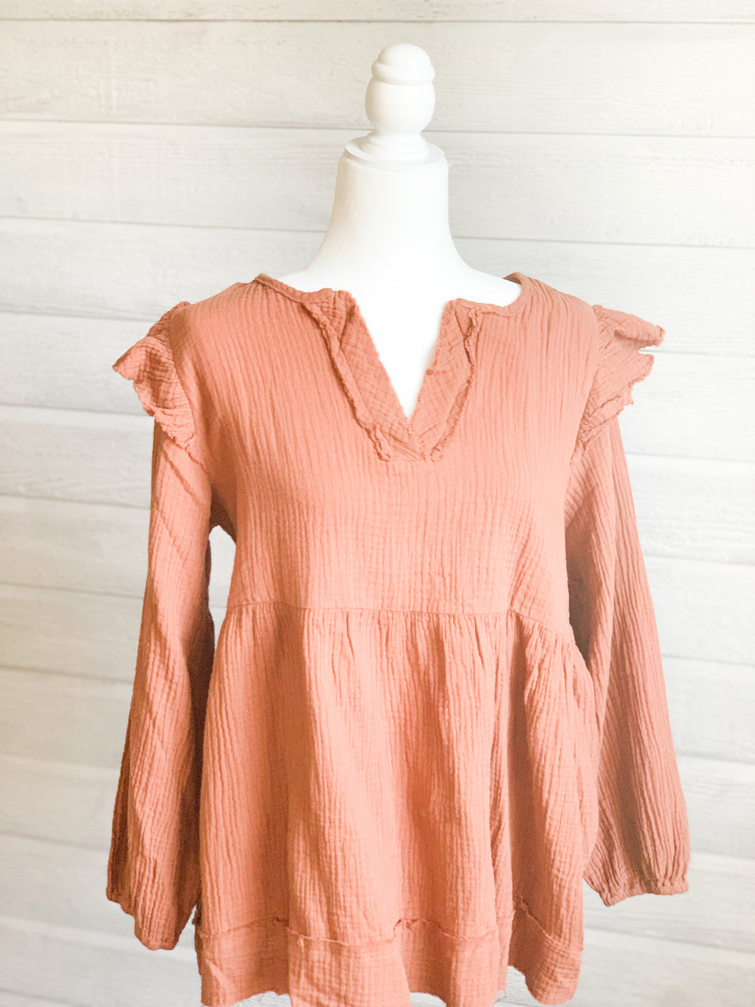 Distressed Camel Top with Ruffle Shoulder Detail