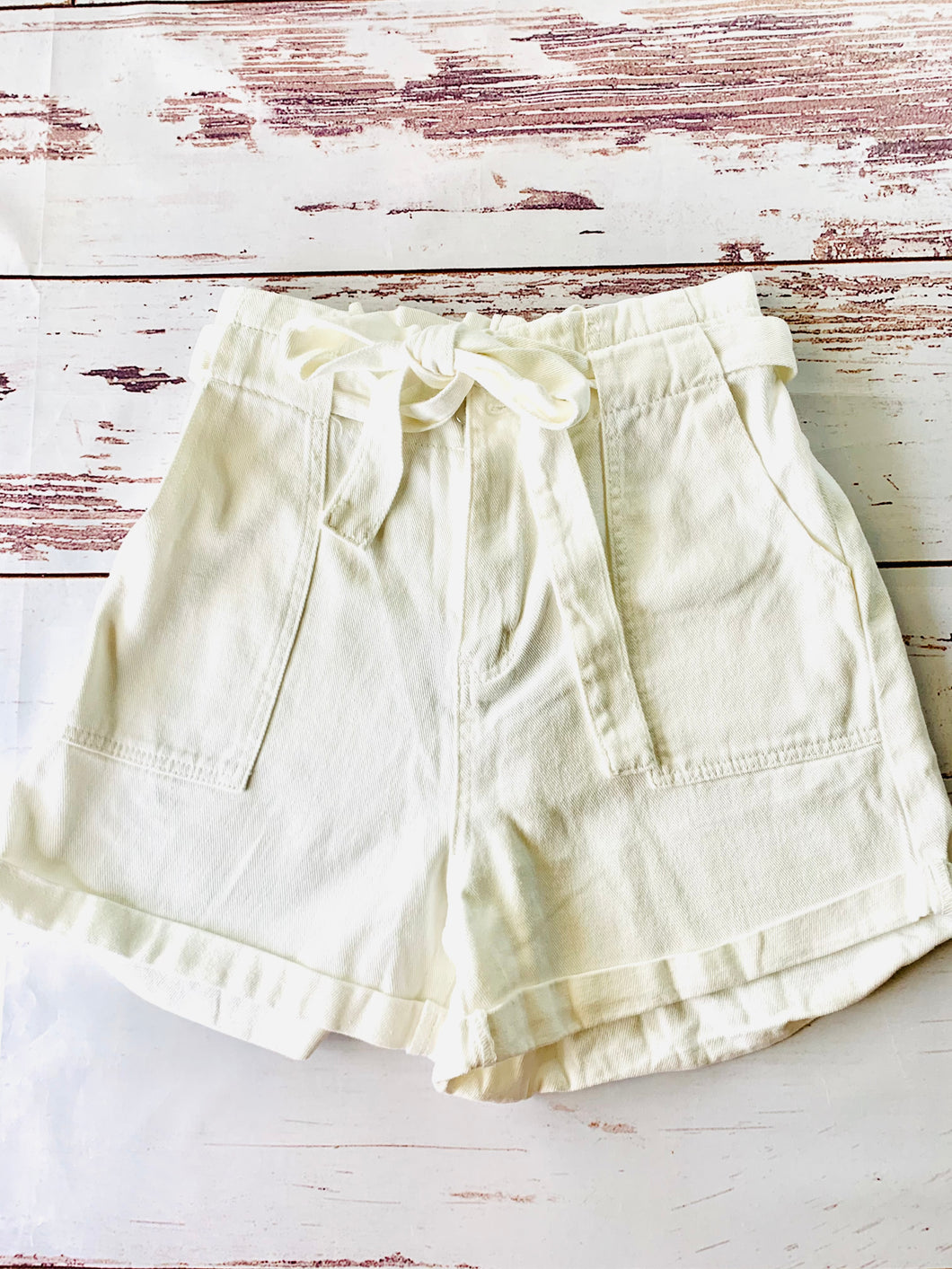 Paperbag Waist Shorts in White Denim