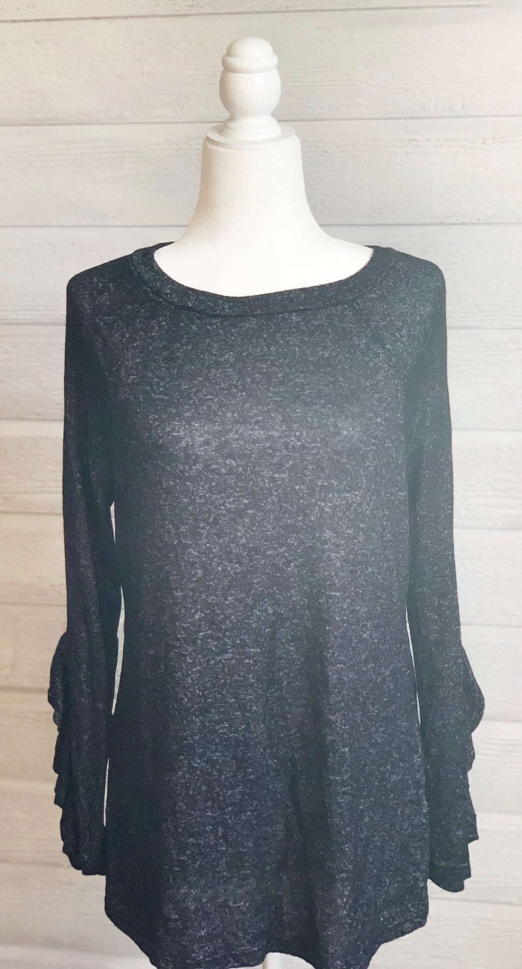 Black Heather Sweater with Ruffle Detail