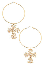 Load image into Gallery viewer, ORNATE CROSS LARGE HOOP DANGLE EARRING
