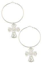 Load image into Gallery viewer, ORNATE CROSS LARGE HOOP DANGLE EARRING
