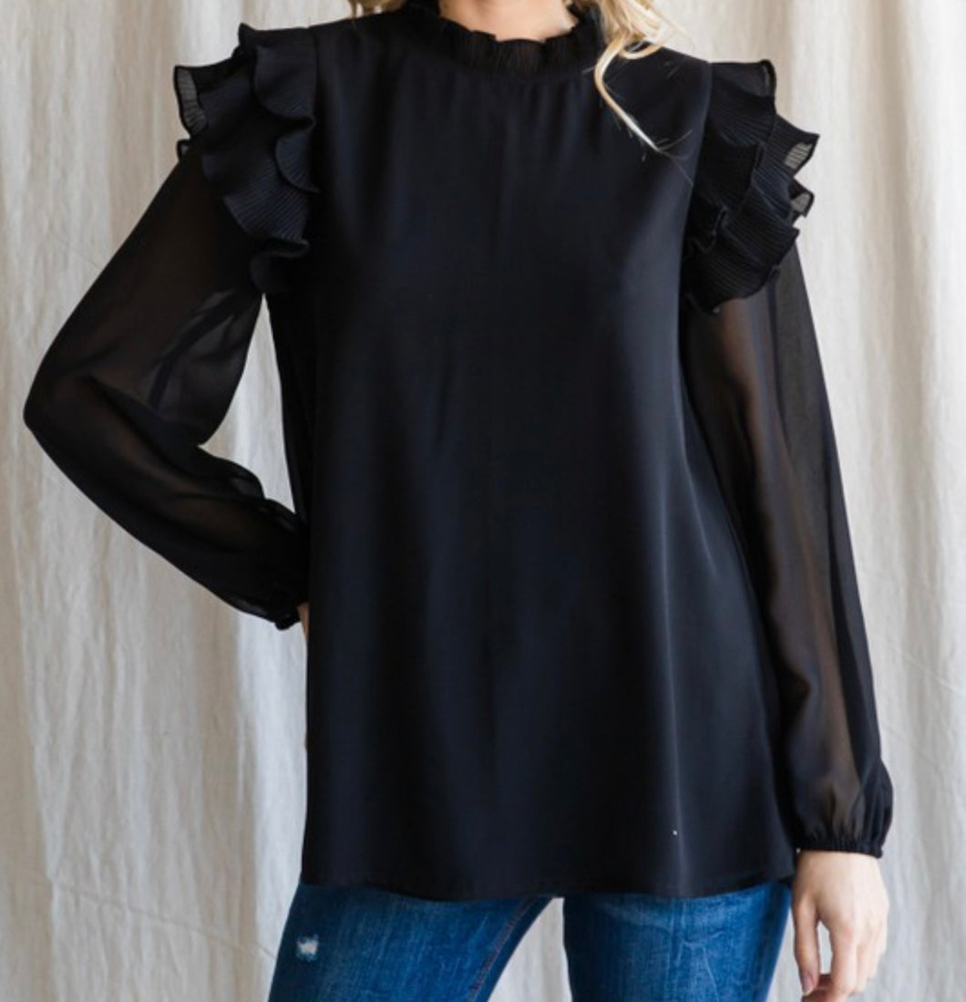 Pleated Ruffle Black Top