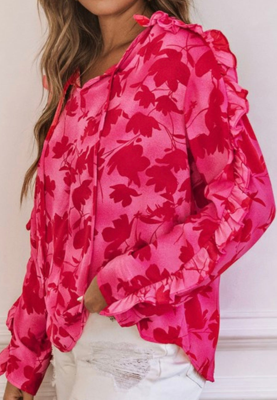 Rose Ruffled Floral Print Blouse