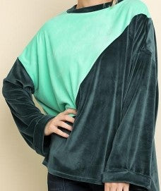 Velvet Colorblock Sweater Top with Cuffed Long Sleeves and Side Slits