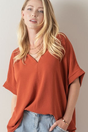 OVERSIZED VNECK FOLDED SHORT SLEEVE TOP