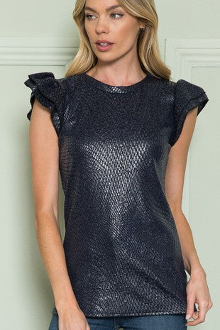 Snake Skin Blue Top With Ruffle Sleeve