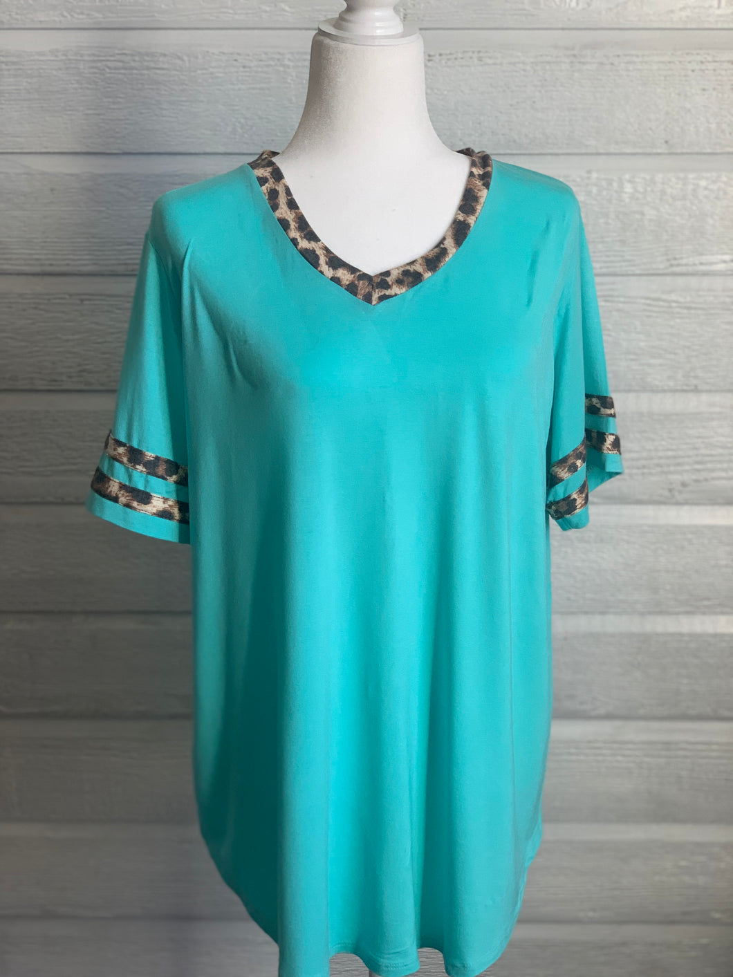 Teal Tee with Leopard Trim